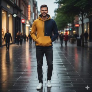 Black & Yellow Panel Zipper Hoodies For Men