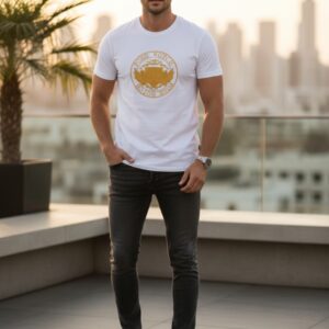 Premium White Graphic T-Shirt – Posh Notch Golden Emblem | Factory Outlet Deal