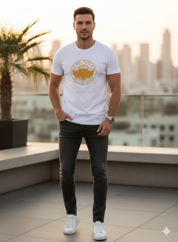 Premium White Graphic T-Shirt – Posh Notch Golden Emblem | Factory Outlet Deal