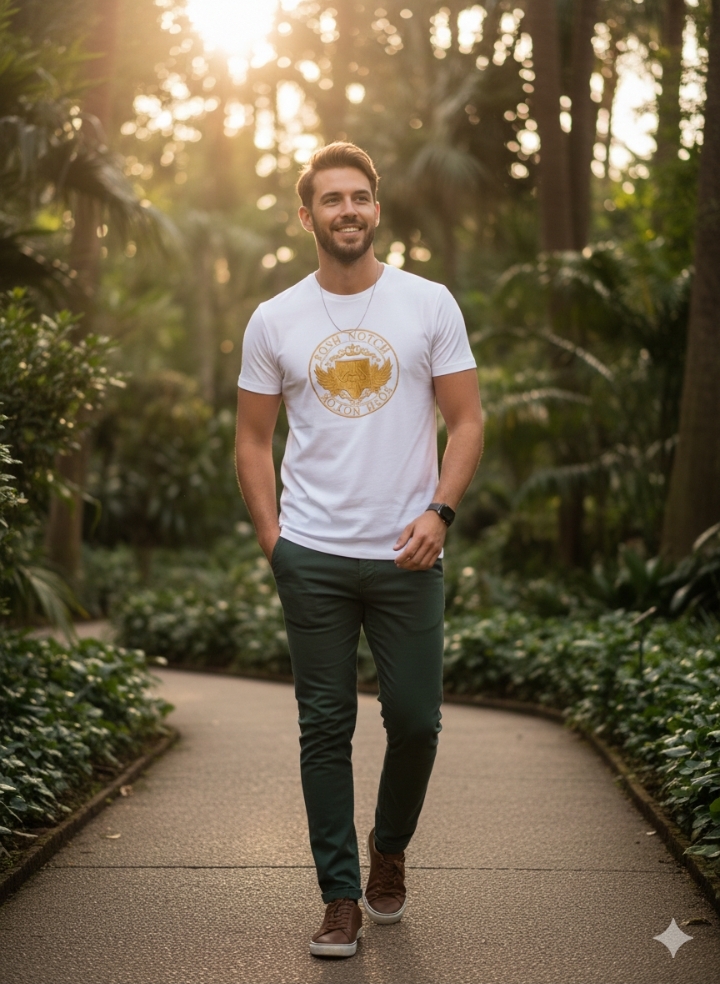 Premium White Graphic T-Shirt – Posh Notch Golden Emblem | Factory Outlet Deal - Image 2