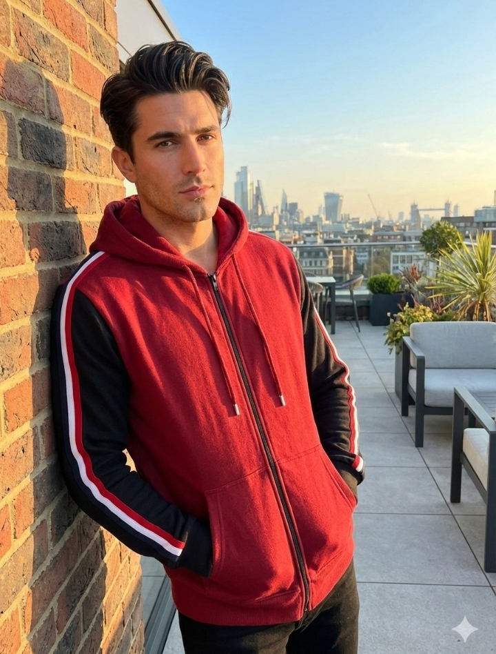 Maroon Fleece Zipper Hoodies with Black Sleeves For Men