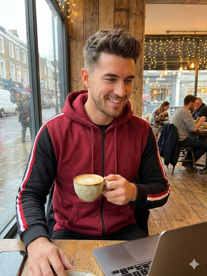 Maroon Fleece Zipper Hoodies with Black Sleeves For Men - Image 2