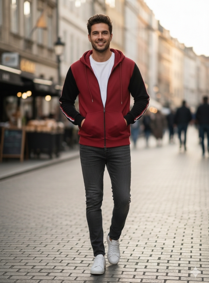 Maroon Fleece Zipper Hoodies with Black Sleeves For Men - Image 3